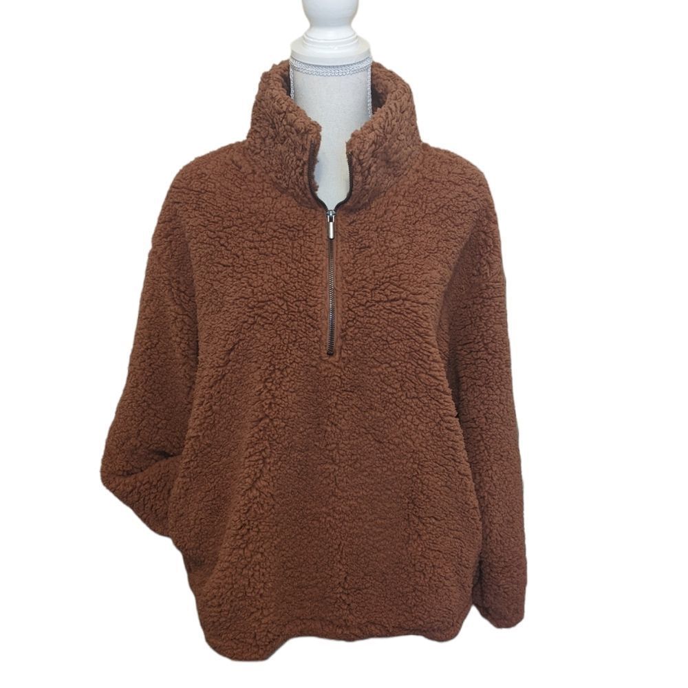 NEW NINE WEST SHERPA TEDDY 3/4 ZIP JACKET PULLOVER SIZE MEDIUM BROWN SWEA…